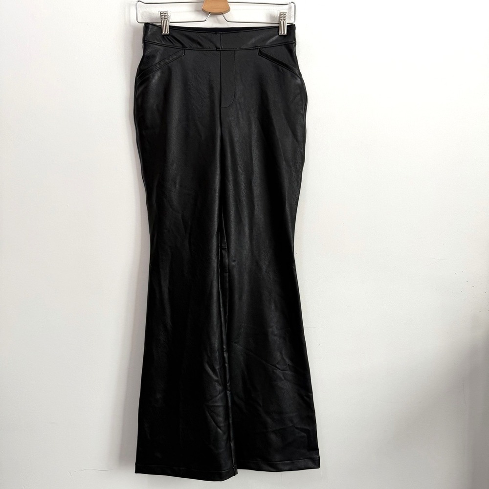 SPANX Faux Leather Like Flare Pants M Petite Pull On Stretch Shaping Black Party